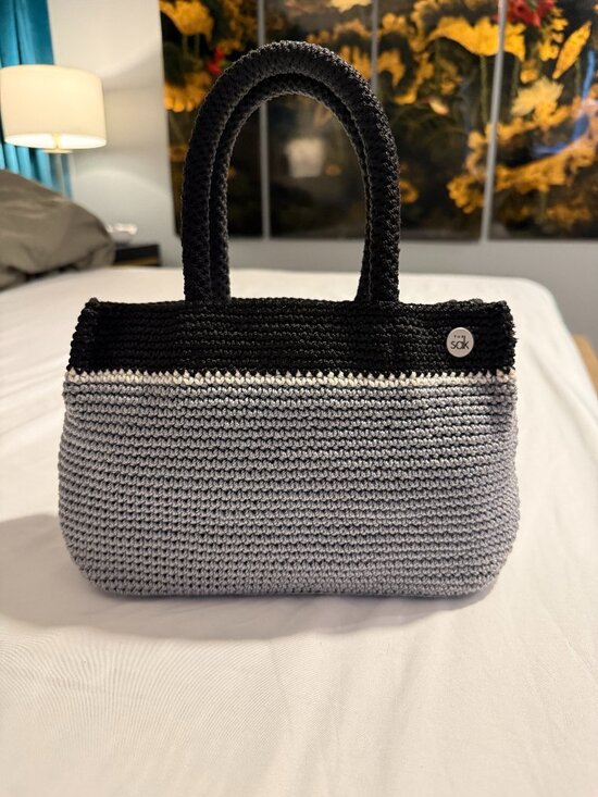 The Sak Handbags - Vintage The Sak Mini Tote Handbag Grey Black Crochet Knit Top Handle Boho Bag